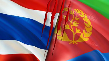 Yara izi olan Tayland ve Eritre bayrakları. Dalgalanan bayrak, 3 boyutlu görüntüleme. Tayland ve Eritre çatışma konsepti. Tayland Eritre ilişkileri kavramı. Tayland bayrağı ve Eritre krizi, savaş, attac