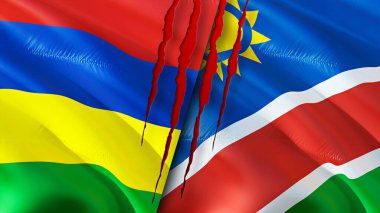 Yara izi olan Mauritius ve Namibya bayrakları. Dalgalanan bayrak, 3 boyutlu görüntüleme. Mauritius ve Namibya çatışması konsepti. Mauritius Namibya ilişkileri kavramı. Mauritius bayrağı ve Namibya krizi, savaş, attac