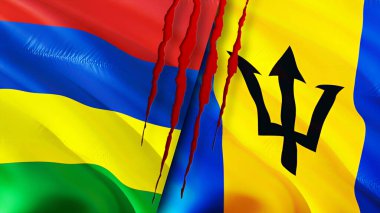 Mauritius ve Barbados yara izi olan bayraklar. Dalgalanan bayrak, 3 boyutlu görüntüleme. Mauritius ve Barbados çatışma konsepti. Mauritius Barbados ilişkileri kavramı. Mauritius bayrağı ve Barbados krizi, savaş