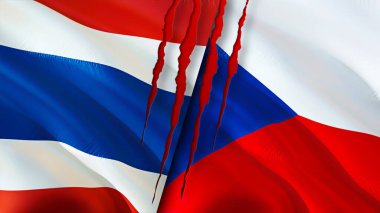 Yara izi olan Tayland ve Çek bayrakları. Dalgalanan bayrak, 3 boyutlu görüntüleme. Tayland ve Çek çatışma konsepti. Tayland Çek ilişkileri kavramı. Tayland bayrağı ve Çek krizi, savaş, saldırı konsepti