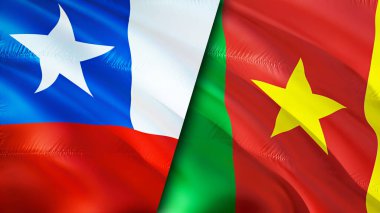 Şili ve Kamerun bayrakları. 3 boyutlu dalgalanan bayrak tasarımı. Şili Kamerun bayrağı, resim, duvar kağıdı. Şili, Kamerun 'a karşı, görüntü 3 boyutlu. Şili Kamerun ilişkileri ittifak ve ticaret, seyahat, turizm konsepti