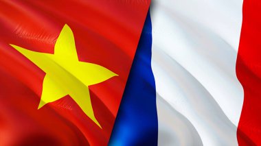 Vietnam ve Fransa yara izi olan bayraklar. Dalgalanan bayrak, 3 boyutlu görüntüleme. Vietnam ve Fransa çatışma konsepti. Vietnam Fransa ilişkileri kavramı. Vietnam ve Fransa bayrağı krizi, savaş, saldırı konsepti