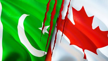 Yara izi olan Pakistan ve Kanada bayrakları. Dalgalanan bayrak, 3 boyutlu görüntüleme. Pakistan ve Kanada çatışma konsepti. Pakistan Kanada ilişkileri kavramı. Pakistan ve Kanada bayrağı krizi, savaş, saldırı konsepti