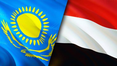 Kazakistan ve Yemen bayrakları. 3 boyutlu dalgalanan bayrak tasarımı. Kazakistan Yemen bayrağı, resim, duvar kağıdı. Kazakistan, Yemen 'e karşı, görüntü 3 boyutlu. Kazakistan Yemen ilişkileri ittifak ve ticaret, seyahat, turnuva