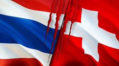 Yara izi olan Tayland ve İsviçre bayrakları. Dalgalanan bayrak, 3 boyutlu görüntüleme. Tayland ve İsviçre çatışma konsepti. Tayland ve İsviçre ilişkileri kavramı. Tayland ve İsviçre bayrağı