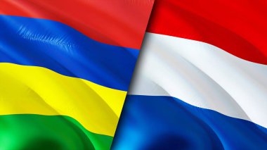 Mauritius ve Hollanda bayrakları. 3 boyutlu dalgalanan bayrak tasarımı. Mauritius Hollanda bayrağı, resim, duvar kağıdı. Mauritius Hollanda 'ya karşı, görüntü 3 boyutlu. Mauritius Hollanda İlişkiler İttifakı