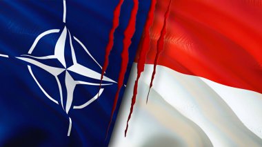 Yara izi olan NATO ve Endonezya bayrakları. Dalgalanan bayrak, 3 boyutlu görüntüleme. Endonezya ve NATO çatışma konsepti. NATO Endonezya ilişkileri kavramı. NATO ve Endonezya bayrağı krizi, savaş, saldırı konsepti