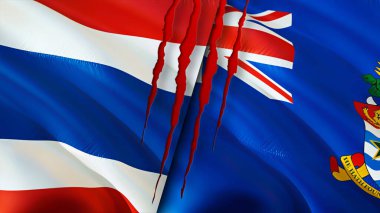Tayland ve Cayman Adaları yara izi olan bayraklar. Dalgalanan bayrak, 3 boyutlu görüntüleme. Tayland ve Cayman Adaları çatışma konsepti. Tayland Cayman Adaları ilişkileri kavramı. Tayland ve Cayma bayrağı