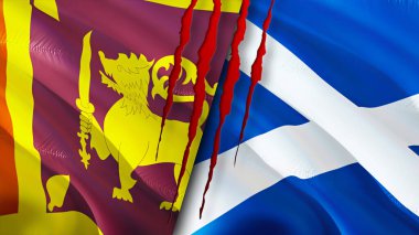 Yara izi olan Sri Lanka ve İskoçya bayrakları. Dalgalanan bayrak, 3 boyutlu görüntüleme. Sri Lanka ve İskoçya çatışma konsepti. Sri Lanka İskoçya ilişkileri kavramı. Sri Lanka bayrağı ve İskoçya krizi, savaş