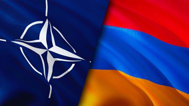 NATO ve Ermenistan bayrakları. 3 boyutlu dalgalanan bayrak tasarımı. Ermenistan NATO bayrağı, resim, duvar kağıdı. NATO, Ermenistan 'a karşı, görüntü 3D. NATO Ermenistan ilişkileri ittifak ve ticaret, seyahat, turizm konsepti