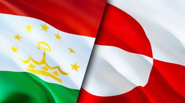 Tacikistan ve Grönland bayrakları. 3 boyutlu dalgalanan bayrak tasarımı. Tacikistan Grönland bayrağı, resim, duvar kağıdı. Tacikistan Grönland imajına karşı, 3D görüntüleme. Tacikistan Grönland İlişkiler Birliği