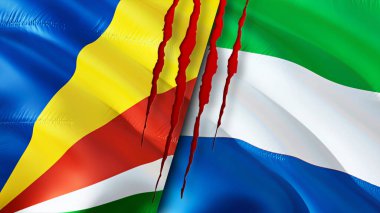 Seyşeller ve Sierra Leone yara izi olan bayraklar. Dalgalanan bayrak, 3 boyutlu görüntüleme. Seyşeller ve Sierra Leone çatışma konsepti. Seyşeller Sierra Leone ilişkileri kavramı. Seyşel bayrağı ve Sierr