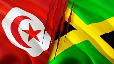 Yara izi olan Tunus ve Jamaika bayrakları. Dalgalanan bayrak, 3 boyutlu görüntüleme. Tunus ve Jamaika çatışması konsepti. Tunus Jamaika ilişkileri kavramı. Tunus ve Jamaika bayrağı krizi, savaş, saldırı konsepti