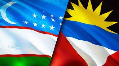 Özbekistan, Antigua ve Barbuda bayrakları. 3 boyutlu dalgalanan bayrak tasarımı. Özbekistan Antigua ve Barbuda bayrağı, resim, duvar kağıdı. Özbekistan, Antigua ve Barbuda 'ya karşı, 3D görüntüleme. Özbekistan Antigua