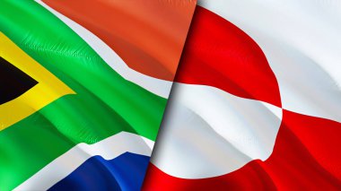 Güney Afrika ve Grönland bayrakları. 3 boyutlu dalgalanan bayrak tasarımı. Güney Afrika Grönland bayrağı, resim, duvar kağıdı. Güney Afrika Grönland imajına karşı, 3D görüntüleme. Güney Afrika Grönland ilişkileri