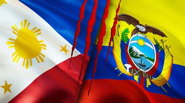 Yara izi olan Filipinler ve Ekvador bayrakları. Dalgalanan bayrak, 3 boyutlu görüntüleme. Filipinler ve Ekvador çatışması konsepti. Filipinler Ekvador ilişkileri konsepti. Filipinler ve Ekvadonun bayrağı
