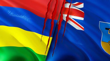 Mauritius ve Montserrat bayrakları yara izi konseptiyle. Dalgalanan bayrak, 3 boyutlu görüntüleme. Mauritius ve Montserrat çatışma konsepti. Mauritius Montserrat ilişkileri kavramı. Mauritius ve Montserra bayrağı