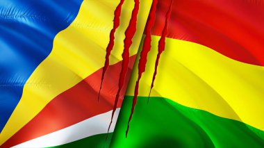 Seyşeller ve yara izi olan Bolivya bayrakları. Dalgalanan bayrak, 3 boyutlu görüntüleme. Seyşeller ve Bolivya çatışma konsepti. Seyşeller Bolivya ilişkileri kavramı. Seyşel bayrağı ve Bolivya krizi, savaş