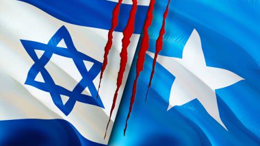 Yara izi olan İsrail ve Somali bayrakları. Dalgalanan bayrak, 3 boyutlu görüntüleme. İsrail ve Somali çatışma konsepti. İsrail Somali ilişkileri kavramı. İsrail bayrağı ve Somali krizi, savaş, saldırı konsepti