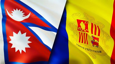 Nepal ve Andorra bayrakları. 3 boyutlu dalgalanan bayrak tasarımı. Nepal Andorra bayrağı, resim, duvar kağıdı. Nepal, Andorra 'ya karşı, görüntü 3 boyutlu. Nepal Andorra ilişkileri ittifak ve ticaret, seyahat, turizm konsepti
