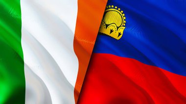 İrlanda ve Liechtenstein bayrakları. 3 boyutlu dalgalanan bayrak tasarımı. İrlanda Lihtenştayn bayrağı, resim, duvar kağıdı. İrlanda, Liechtenstein 'a karşı, görüntü 3D. İrlanda Liechtenstein ilişkileri savaş ittifakı