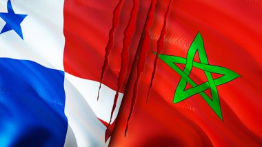 Panama ve Fas bayrakları yara izi konseptiyle. Dalgalanan bayrak, 3 boyutlu görüntüleme. Panama ve Fas çatışması konsepti. Panama Fas ilişkileri kavramı. Panama ve Fas krizi bayrağı, savaş, saldırı konsepti