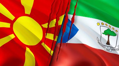 Yara izi kavramına sahip Kuzey Makedonya ve Ekvator Gine bayrakları. Dalgalanan bayrak, 3 boyutlu görüntüleme. Kuzey Makedonya ve Ekvator Ginesi çatışma konsepti. Kuzey Makedonya Ekvator Ginesi İlişkileri konsepti