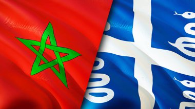 Fas ve Martinik bayrakları. 3 boyutlu dalgalanan bayrak tasarımı. Fas Martini bayrağı, resim, duvar kağıdı. Fas, Martinik 'e karşı, görüntü 3D. Fas Martinique İlişkiler Birliği