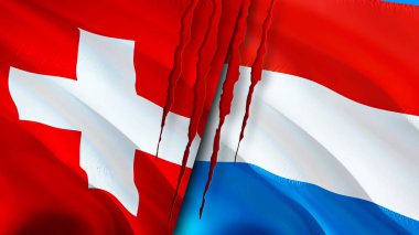 Yara izi olan İsviçre ve Lüksemburg bayrakları. Dalgalanan bayrak, 3 boyutlu görüntüleme. İsviçre ve Lüksemburg çatışma konsepti. İsviçre Lüksemburg ilişkileri kavramı. İsviçre bayrağı ve