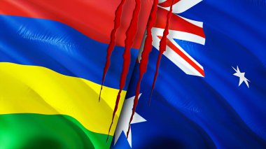Mauritius ve Avustralya bayrakları yara izi konseptiyle. Dalgalanan bayrak, 3 boyutlu görüntüleme. Mauritius ve Avustralya çatışma konsepti. Mauritius Avustralya ilişkileri kavramı. Mauritius ve Australi bayrağı