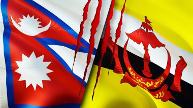 Yara izi olan Nepal ve Brunei bayrakları. Dalgalanan bayrak, 3 boyutlu görüntüleme. Nepal ve Brunei çatışma konsepti. Nepal Brunei ilişkileri kavramı. Nepal ve Brunei krizi bayrağı, savaş, saldırı konsepti