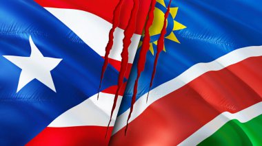 Porto Riko ve yara izi olan Namibya bayrakları. Dalgalanan bayrak, 3 boyutlu görüntüleme. Porto Riko ve Namibya çatışma konsepti. Porto Riko Namibya ilişkileri kavramı. Porto Riko ve Namibi bayrağı