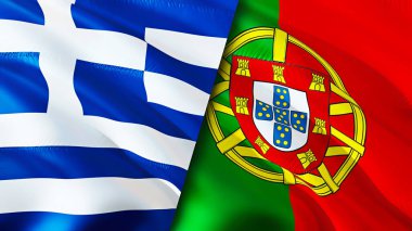 Yunanistan ve Portekiz bayrakları. 3 boyutlu dalgalanan bayrak tasarımı. Yunanistan Portekiz bayrağı, resim, duvar kağıdı. Yunanistan, Portekiz 'e karşı, görüntü 3D. Yunanistan Portekiz ilişkileri ittifak ve ticaret, seyahat ve turizm konsepti