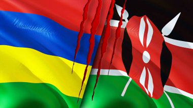 Mauritius ve Kenya yara izi olan bayraklar. Dalgalanan bayrak, 3 boyutlu görüntüleme. Mauritius ve Kenya çatışma konsepti. Mauritius Kenya ilişkileri kavramı. Mauritius bayrağı ve Kenya krizi, savaş, saldırı konsepti
