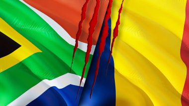 Güney Afrika ve Çad yara izi konseptiyle bayraklar. Dalgalanan bayrak, 3 boyutlu görüntüleme. Güney Afrika ve Çad çatışma konsepti. Güney Afrika Çad ilişkileri kavramı. Güney Afrika bayrağı ve Çad krizi, savaş, attac
