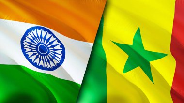 Hindistan ve Senegal bayrakları. 3 boyutlu dalgalanan bayrak tasarımı. Hindistan Senegal bayrağı, resim, duvar kağıdı. Hindistan, Senegal imajına karşı, 3D görüntüleme. Hindistan Senegal ilişkileri ittifak ve ticaret, seyahat, turizm konsepti