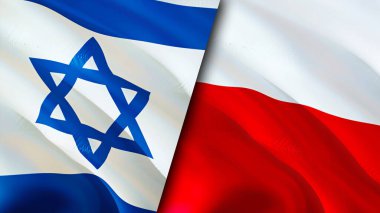 İsrail ve Polonya bayrakları. 3 boyutlu dalgalanan bayrak tasarımı. İsrail Polonya bayrağı, resim, duvar kağıdı. İsrail, Polonya 'ya karşı, görüntü 3D. İsrail Polonya ile ilişkiler ittifak ve ticaret, seyahat, turizm konsepti