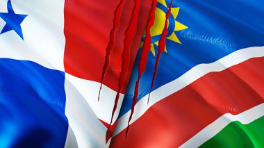 Panama ve Namibya bayraklarında yara izi var. Dalgalanan bayrak, 3 boyutlu görüntüleme. Panama ve Namibya çatışma konsepti. Panama Namibya ilişkileri kavramı. Panama ve Namibya bayrağı krizi, savaş, saldırı konsepti