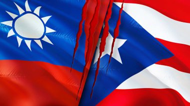 Tayvan ve Porto Riko bayrakları ve yara izi konsepti. Dalgalanan bayrak, 3 boyutlu görüntüleme. Tayvan ve Porto Riko çatışma konsepti. Tayvan Porto Riko ilişkileri kavramı. Tayvan bayrağı ve Porto Riko krizi, savaş