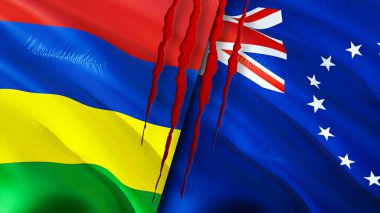 Mauritius ve Cook Adaları yara izi olan bayraklar. Dalgalanan bayrak, 3 boyutlu görüntüleme. Mauritius ve Cook Adaları çatışma konsepti. Mauritius Cook Adaları ilişkileri kavramı. Mauritius ve Coo bayrağı