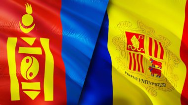 Moğolistan ve Andorra bayrakları. 3 boyutlu dalgalanan bayrak tasarımı. Moğolistan Andorra bayrağı, resim, duvar kağıdı. Moğolistan, Andorra 'ya karşı, görüntü 3 boyutlu. Moğolistan Andorra ilişkileri ittifak ve ticaret, seyahat, turnuva
