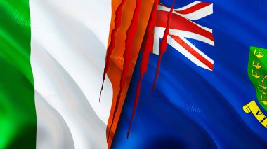 İrlanda ve Britanya Virjin Adaları yara izi olan bayraklar. 3D bayrak sallama. İrlanda ve Britanya Virjin Adaları çatışma konsepti. İrlanda Britanya Virjin Adaları ilişkileri kavramı. bayrak o
