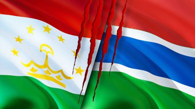 Tacikistan ve Gambiya bayraklarında yara izi var. Dalgalanan bayrak, 3 boyutlu görüntüleme. Tacikistan ve Gambiya çatışma konsepti. Tacikistan Gambiya ilişkileri kavramı. Tacikistan bayrağı ve Gambiya krizi, savaş, attac