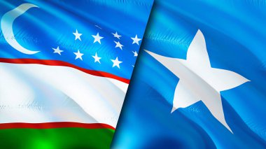 Özbekistan ve Somali bayrakları. 3 boyutlu dalgalanan bayrak tasarımı. Özbekistan Somali bayrağı, resim, duvar kağıdı. Özbekistan, Somali imajına karşı, 3D görüntüleme. Özbekistan Somali ilişkileri bir ittifak