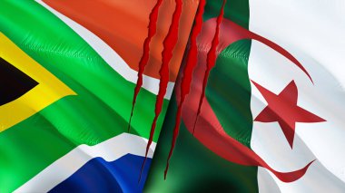 Güney Afrika ve Cezayir bayraklarında yara izi var. Dalgalanan bayrak, 3 boyutlu görüntüleme. Güney Afrika ve Cezayir çatışma konsepti. Güney Afrika Cezayir ilişkileri kavramı. Güney Afrika ve Algeri bayrağı