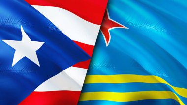 Porto Riko ve Aruba bayrakları. 3 boyutlu dalgalanan bayrak tasarımı. Porto Riko Aruba bayrağı, resim, duvar kağıdı. Porto Riko, Aruba 'ya karşı 3 boyutlu görüntü. Porto Riko Aruba ilişkileri ittifak ve ticaret, seyahat, turnuva