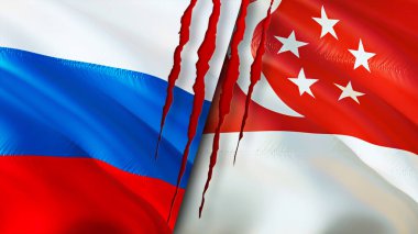 Rusya ve Singapur bayraklarında yara izi var. Dalgalanan bayrak, 3 boyutlu görüntüleme. Rusya ve Singapur çatışma konsepti. Rusya Singapur ilişkileri kavramı. Rusya bayrağı ve Singapur krizi, savaş, attac
