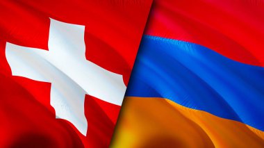 İsviçre ve Ermenistan bayrakları. 3 boyutlu dalgalanan bayrak tasarımı. İsviçre Ermenistan bayrağı, resim, duvar kağıdı. İsviçre, Ermenistan 'a karşı, görüntü 3 boyutlu. İsviçre Ermenistan ilişkileri ittifakı
