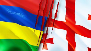 Yara izi olan Mauritius ve Georgia bayrakları. Dalgalanan bayrak, 3 boyutlu görüntüleme. Mauritius ve Georgia çatışma konsepti. Mauritius Georgia ilişkileri kavramı. Mauritius ve Gürcistan bayrağı krizi, savaş, attac