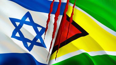 İsrail ve Guyana yara izi olan bayraklar. Dalgalanan bayrak, 3 boyutlu görüntüleme. İsrail ve Guyana çatışma konsepti. İsrail Guyana ilişkileri kavramı. İsrail bayrağı ve Guyana krizi, savaş, saldırı konsepti